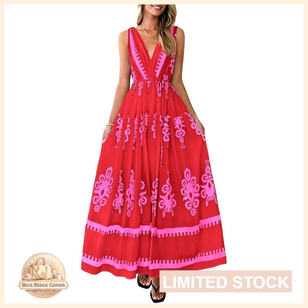 Floral Maxi Dress Sleeveless V-Neck Boho Summer Beach Vacation Belted Ruffle